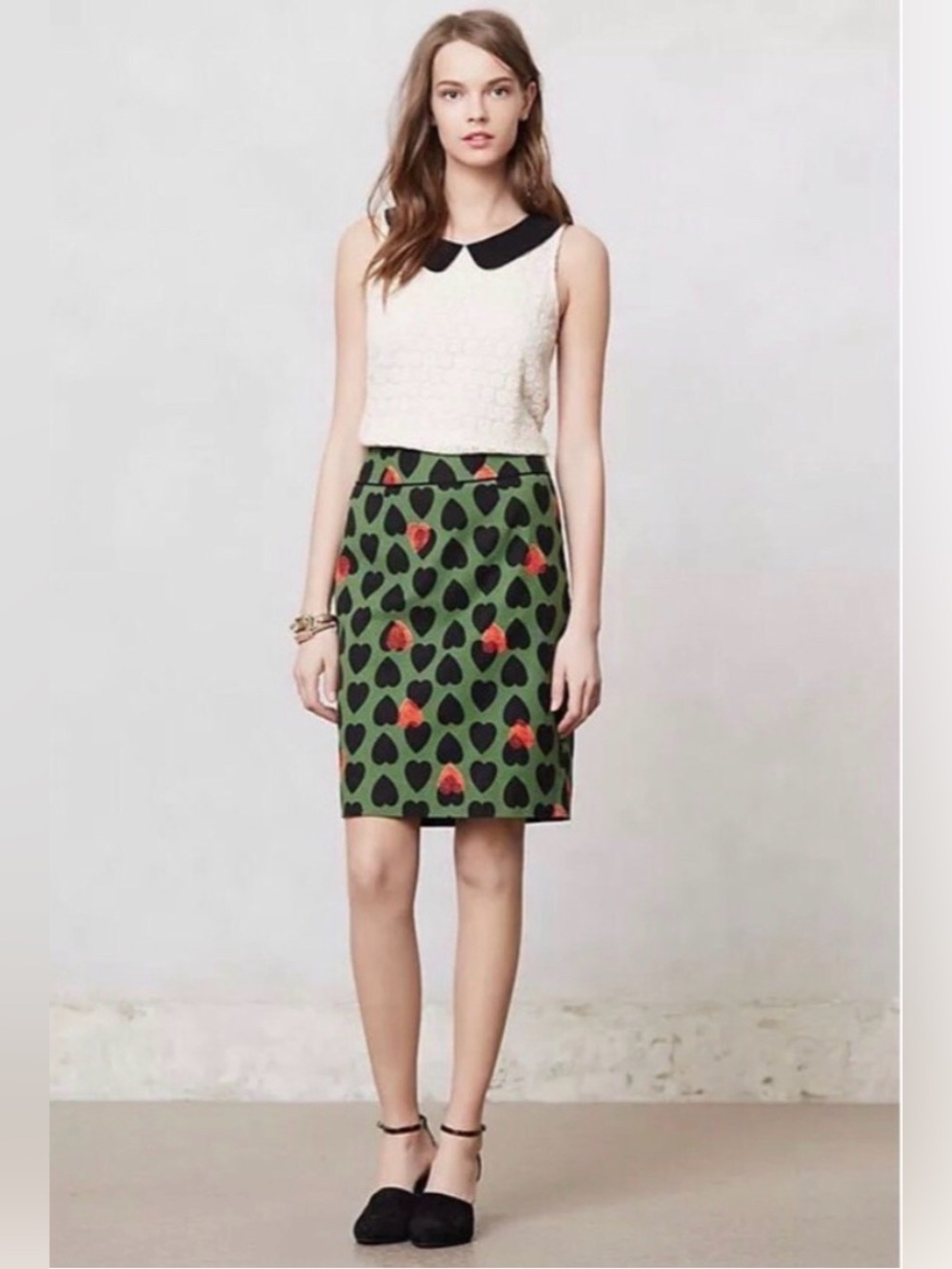 Anthropologie Maeve Heart Stamp Pencil Skirt Green Multi Size 2